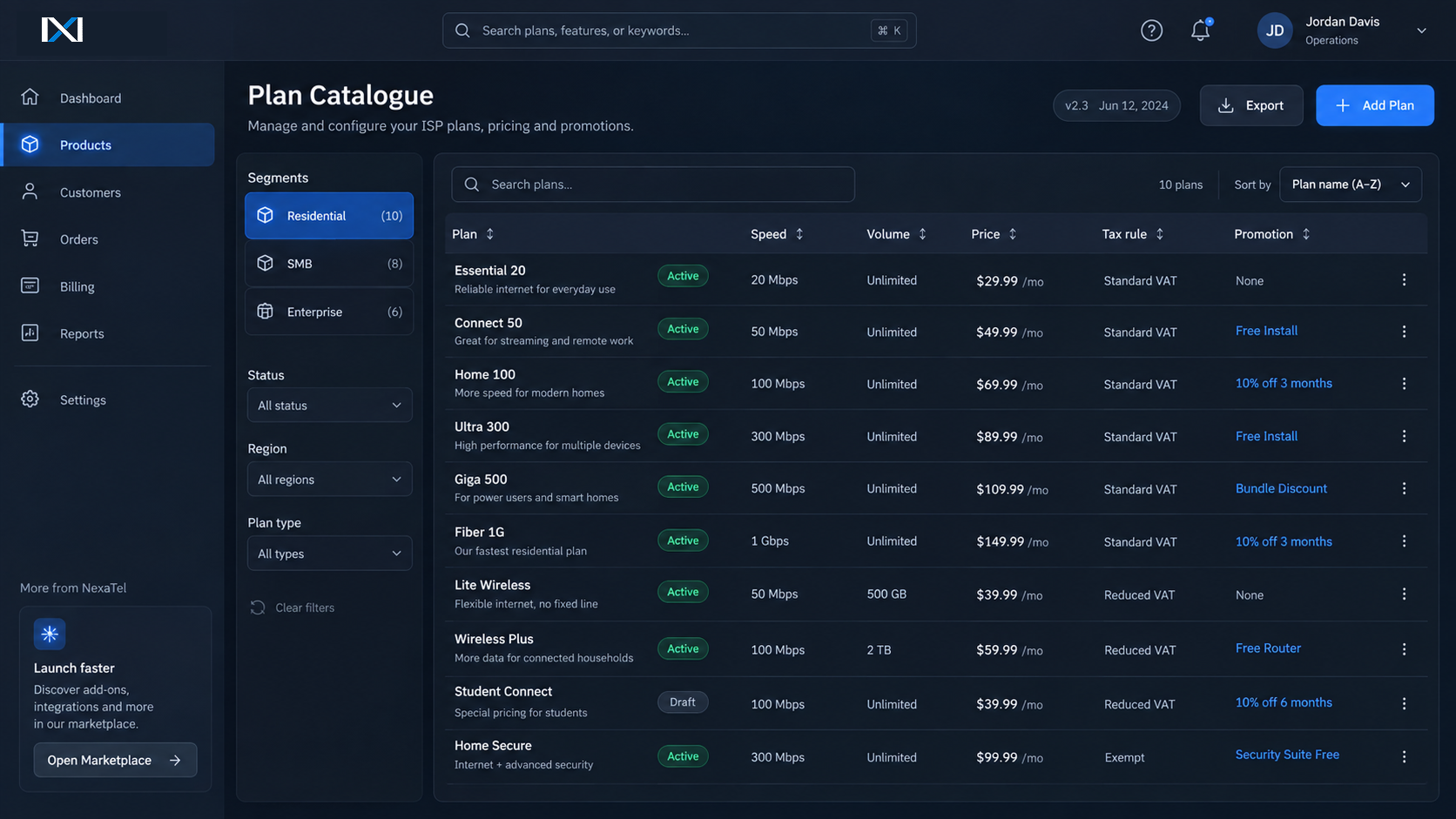 Billing plan catalogue — table of ISP plans with price, speed, volume and tax rules