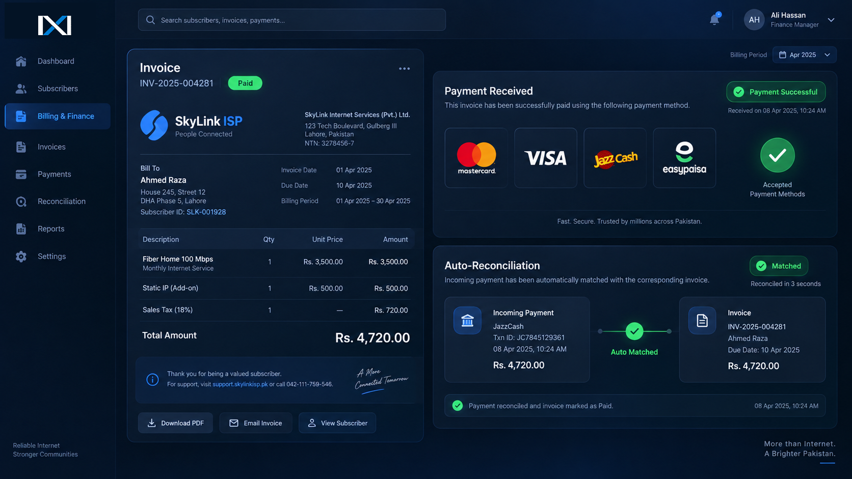 Netxol Billing — invoice, payment methods and reconciliation dashboard