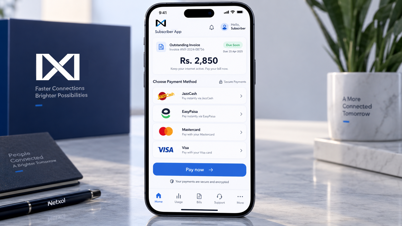 Subscriber App payment screen — invoice with JazzCash, EasyPaisa, Mastercard and Visa options