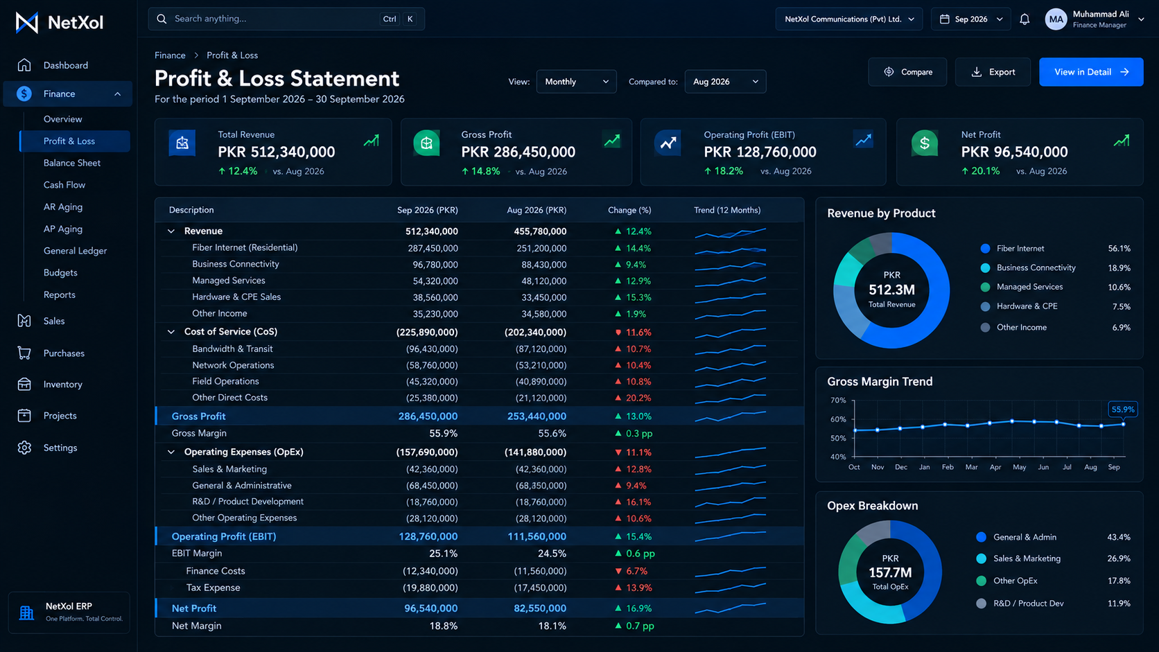 ERP live P&L — revenue, cost of service, gross margin trend, EBITDA