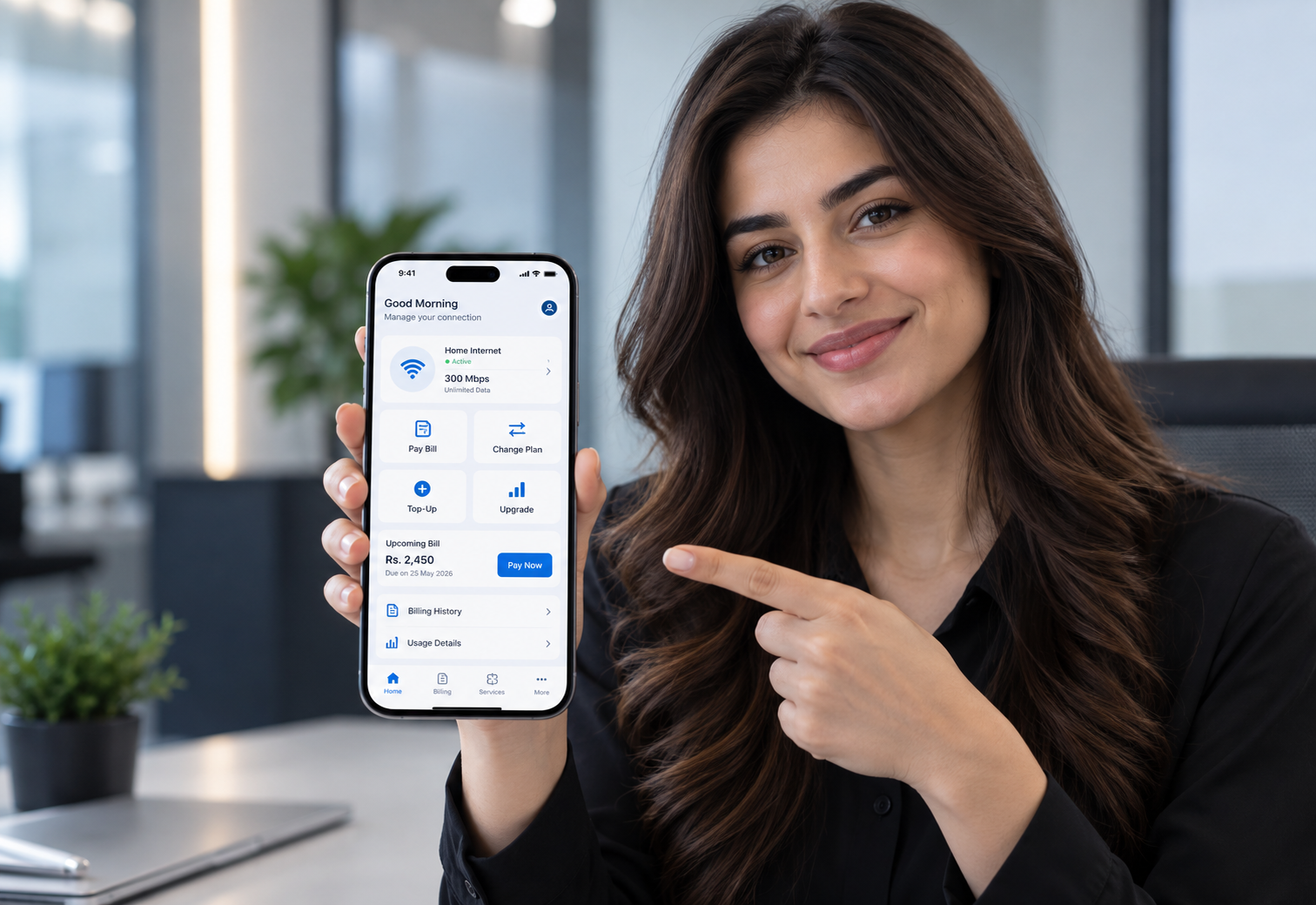 Subscriber App — pay bill, change plan and top-up screen