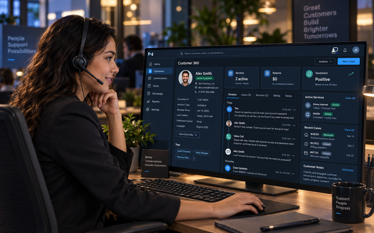 Netxol CRM — Customer 360 dashboard with account, services and support timeline